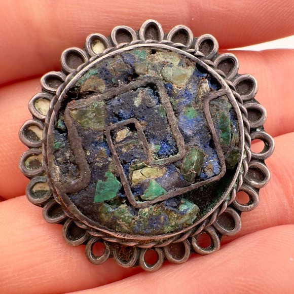 Vintage Taxco EVM Sterling Silver Brooch Pendant Crushed Turquoise Inlay c 1940s - Picture 5 of 13